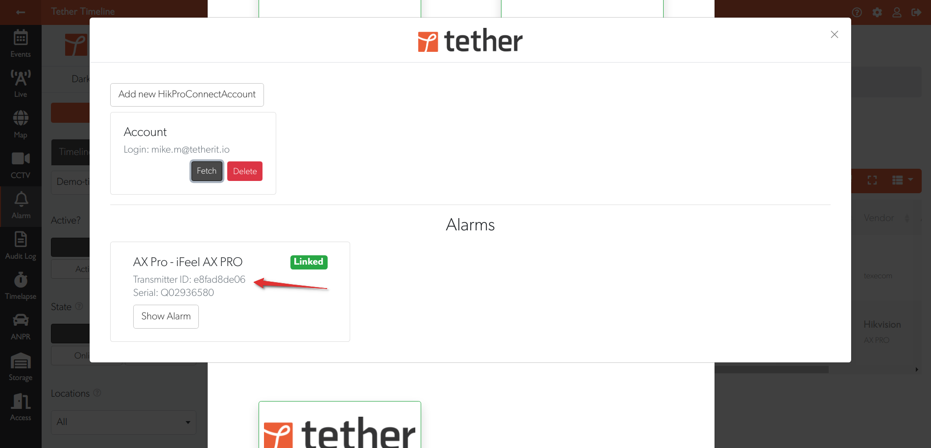 Alarm linked with Transmitter ID displayed