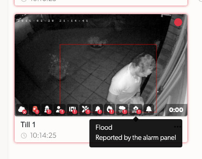 A combined panel incident on an event, showing every alarm icon with the Flood tooltip open and their mapped zone