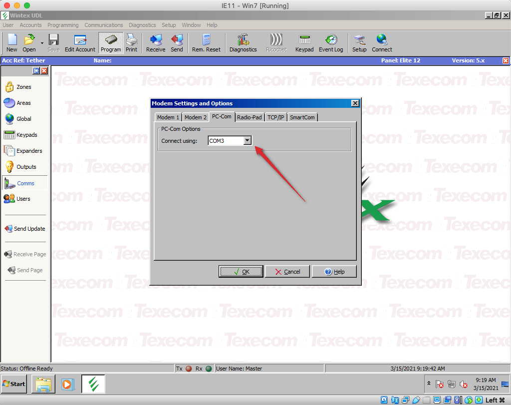 Wintex COM port selection