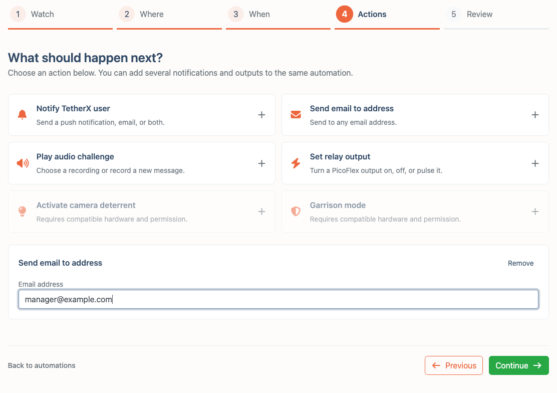 The Actions step with notification, email, audio and relay choices, and an email to manager@example.com configured