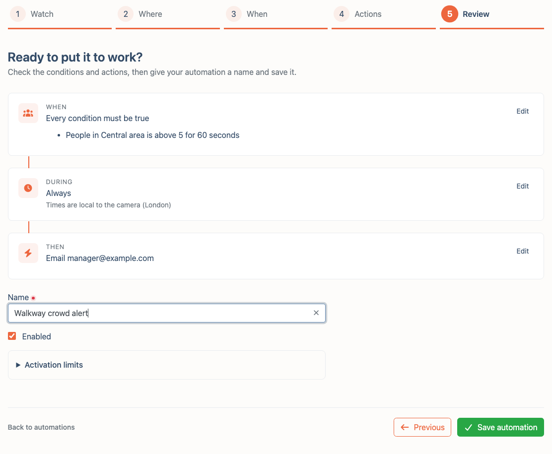 The Review step showing the crowd condition, Always schedule, destination email, name, Enabled checkbox and Save automation button