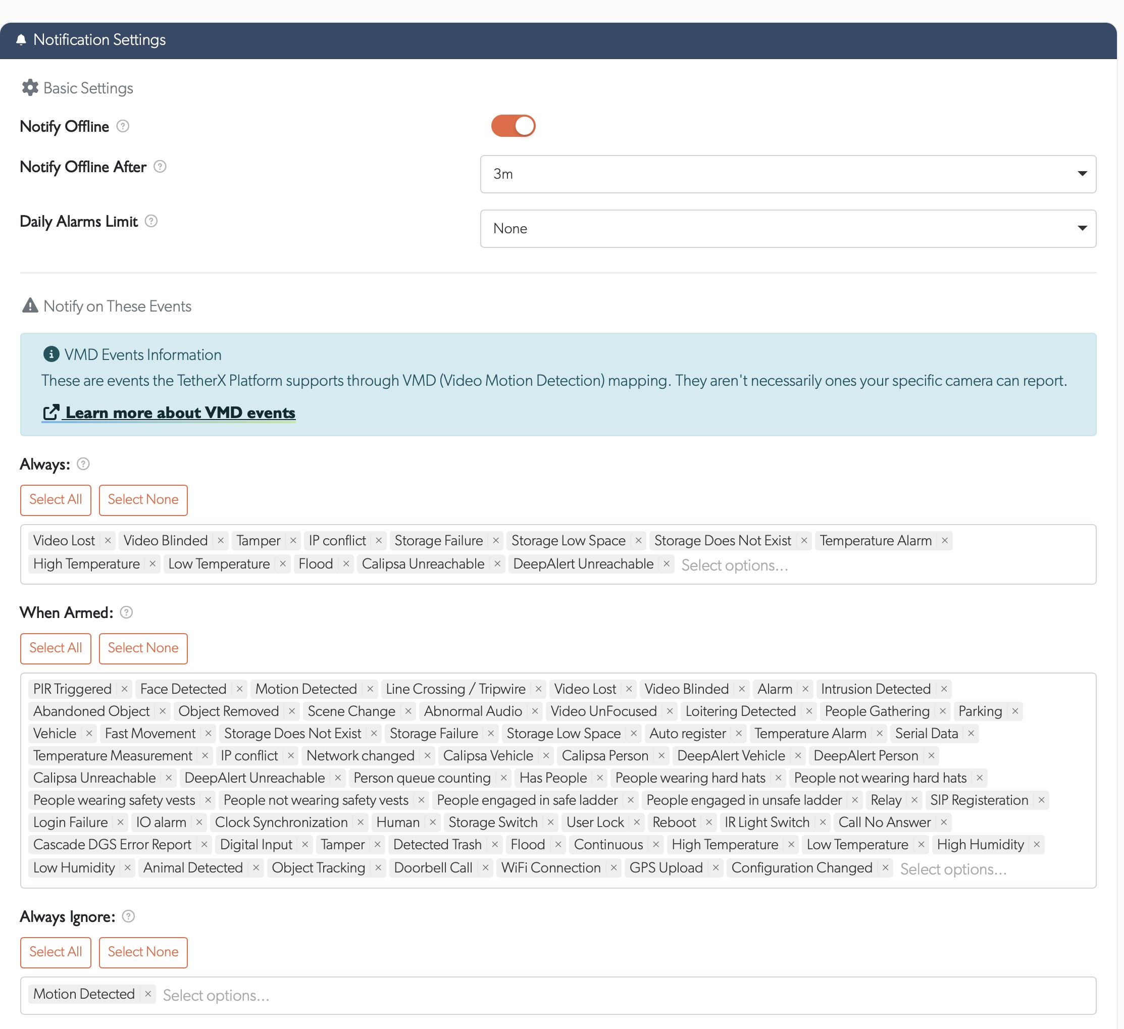 Notification Settings showing the three event filtering levels