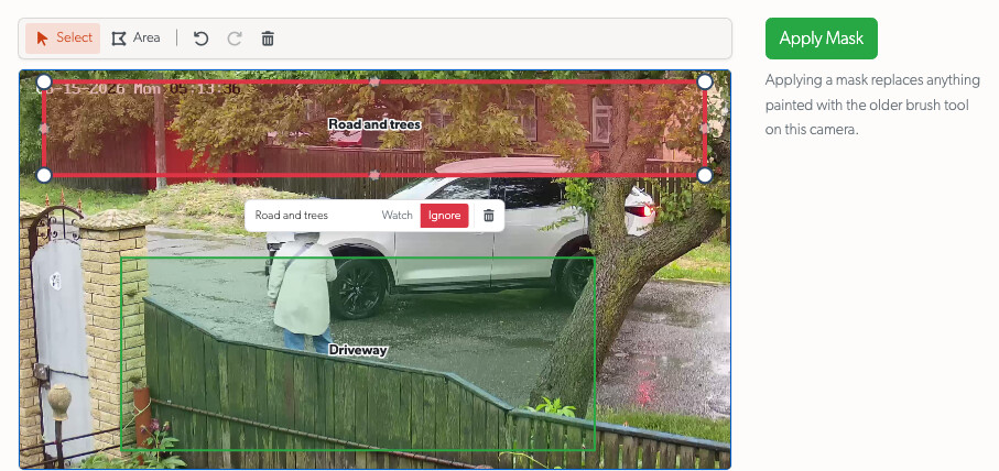 The Mask tab with a watched area over the driveway and an ignored area over the road and trees