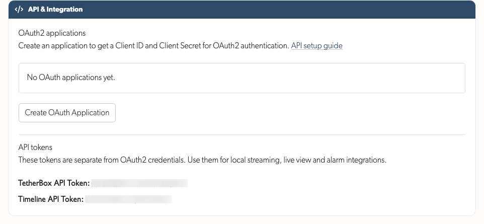 API Details tab showing TetherBox API Token