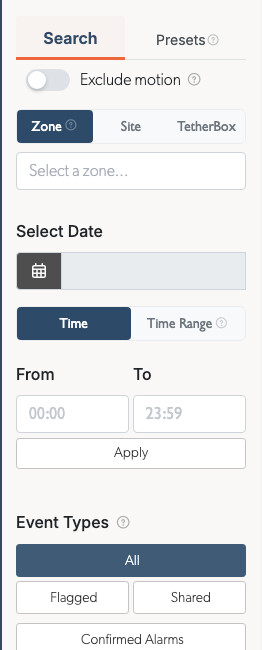 The Events filter menu, for narrowing activity by site, zone, date and event type