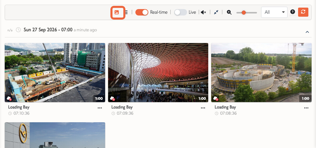 Events in Thumbnail view, with the current event filters and view controls