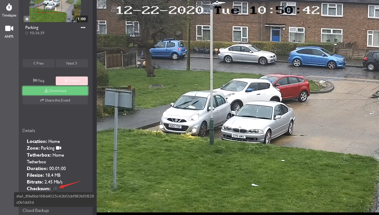 Event details showing checksum information