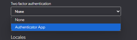 Two-Factor Authentication dropdown showing Authenticator App option