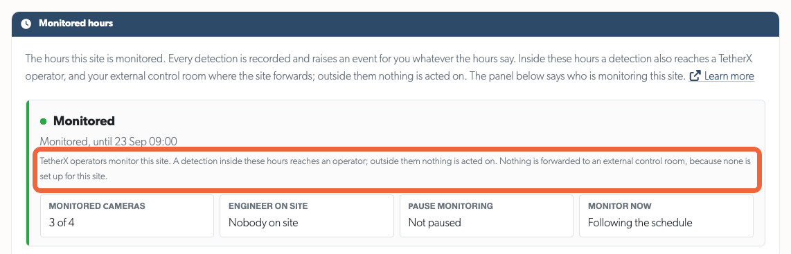 A site TetherX operators monitor, with the line naming who is monitoring it highlighted