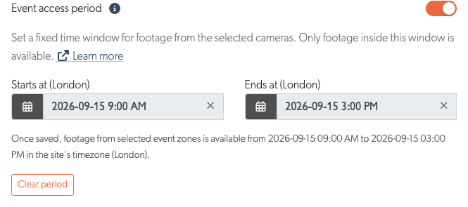 The event access period fields on the user's Permissions tab
