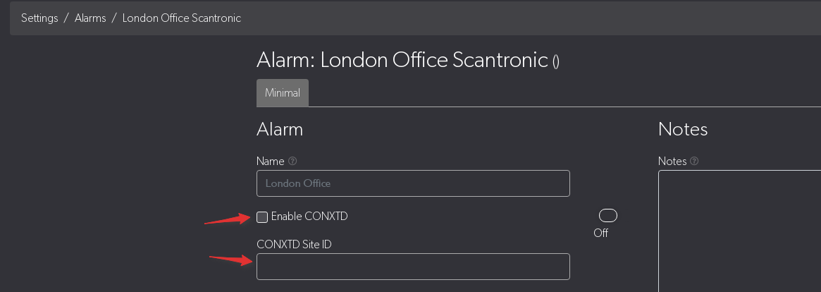 CONXTD settings on alarm edit page