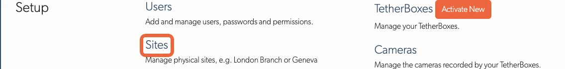 Settings page showing Sites link