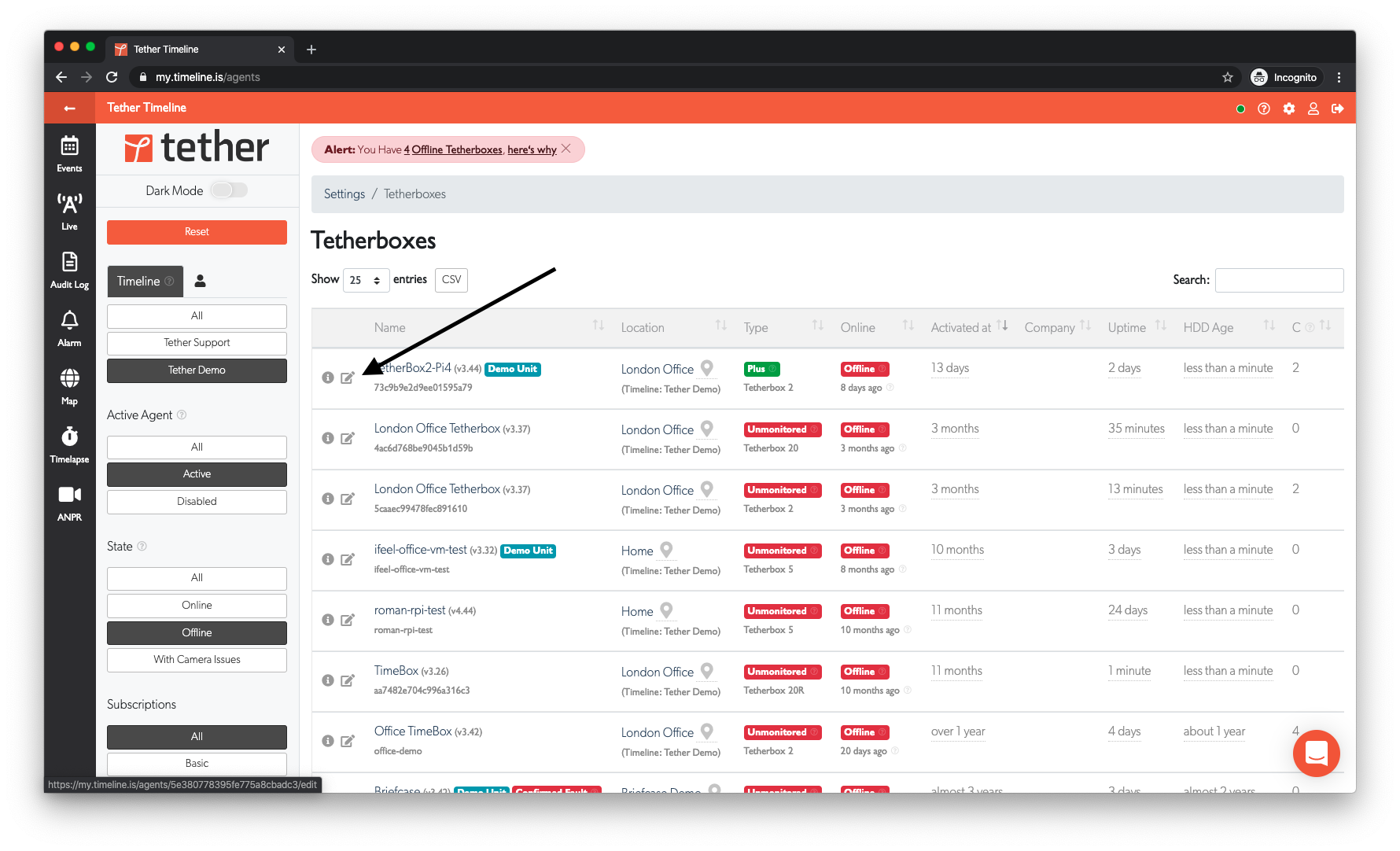 TetherBoxes list showing selection