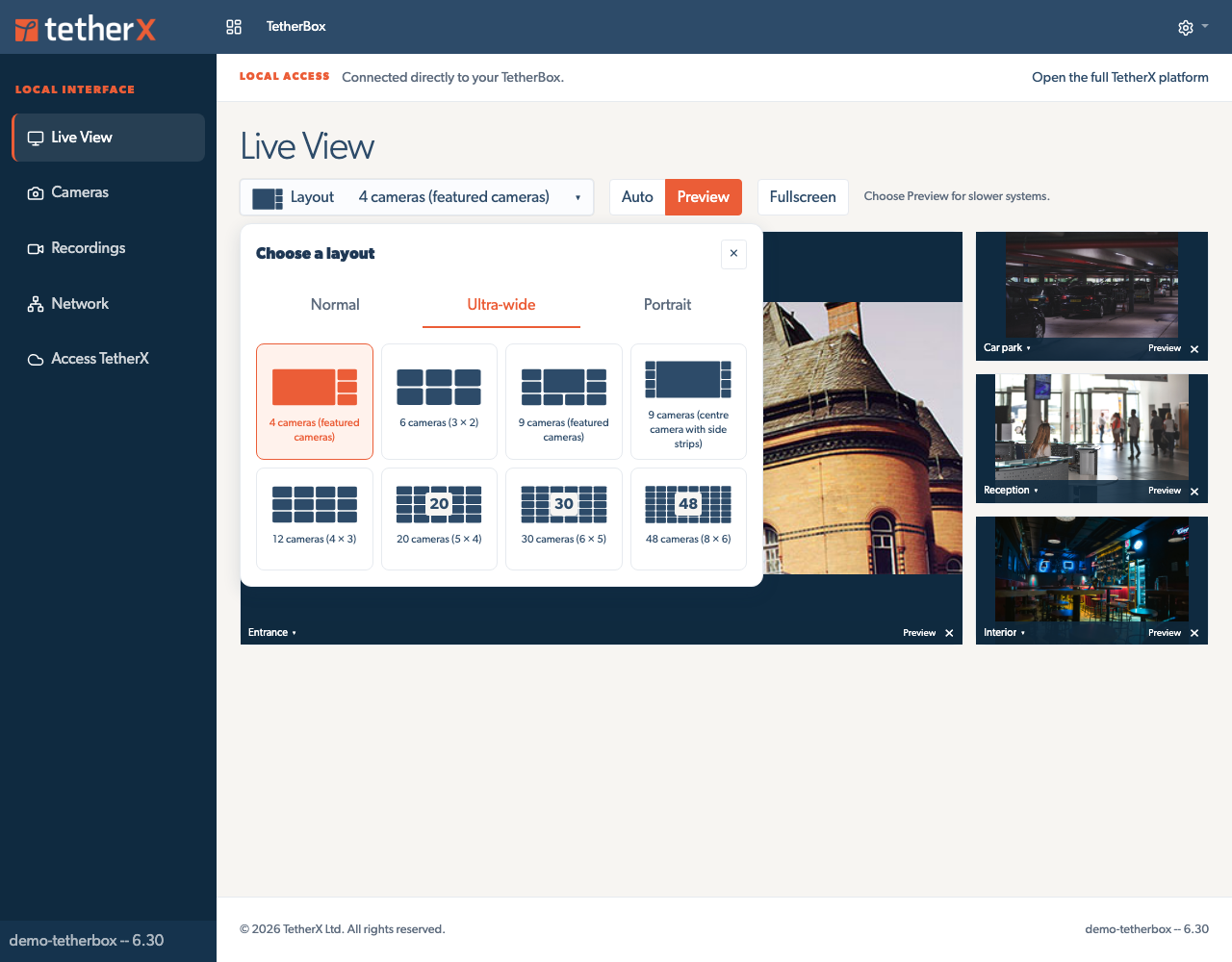 The offline layout picker with normal, ultra-wide and portrait choices