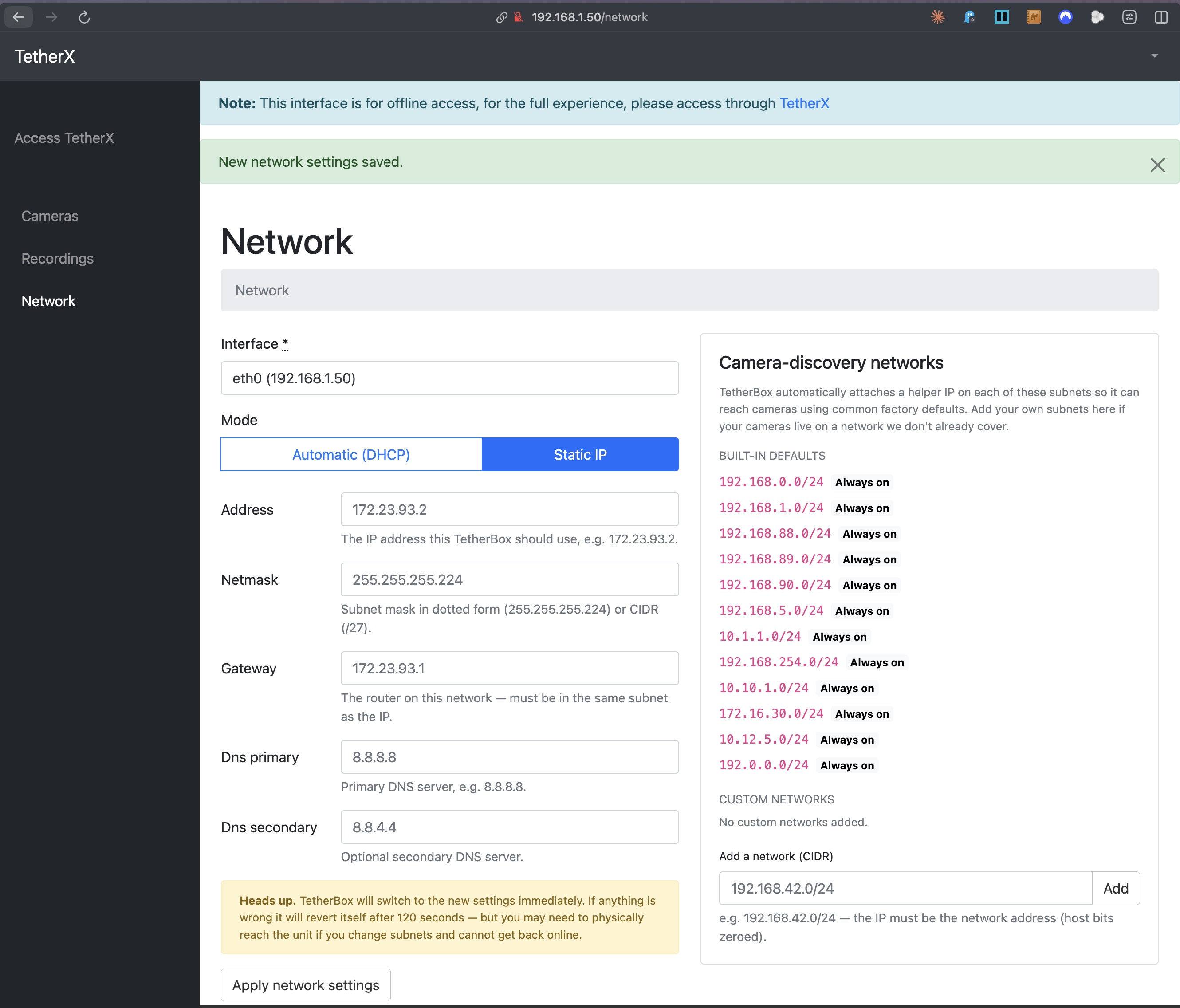 TetherBox network settings page