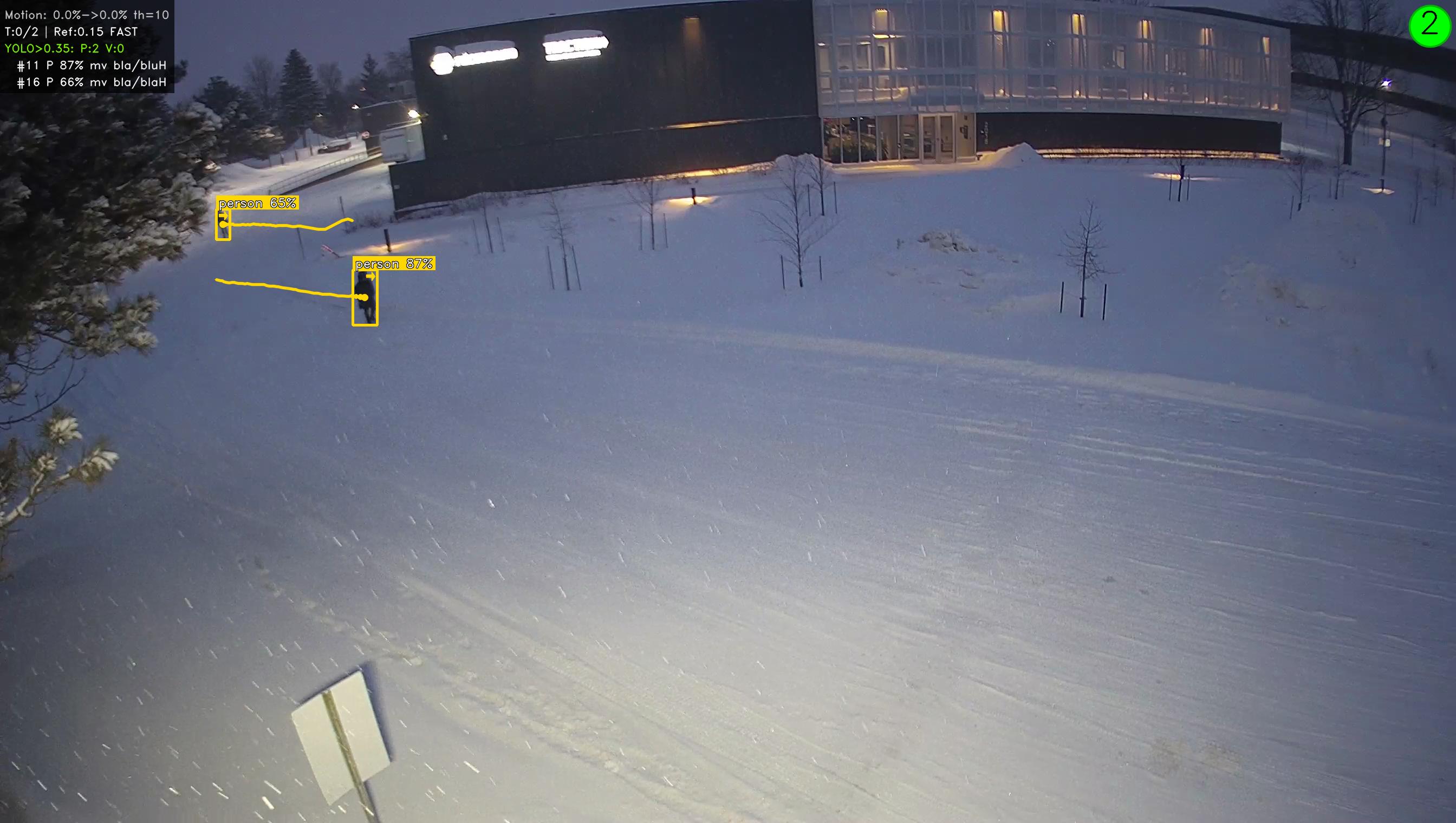 Two people detected at distance in a wide snow-covered scene