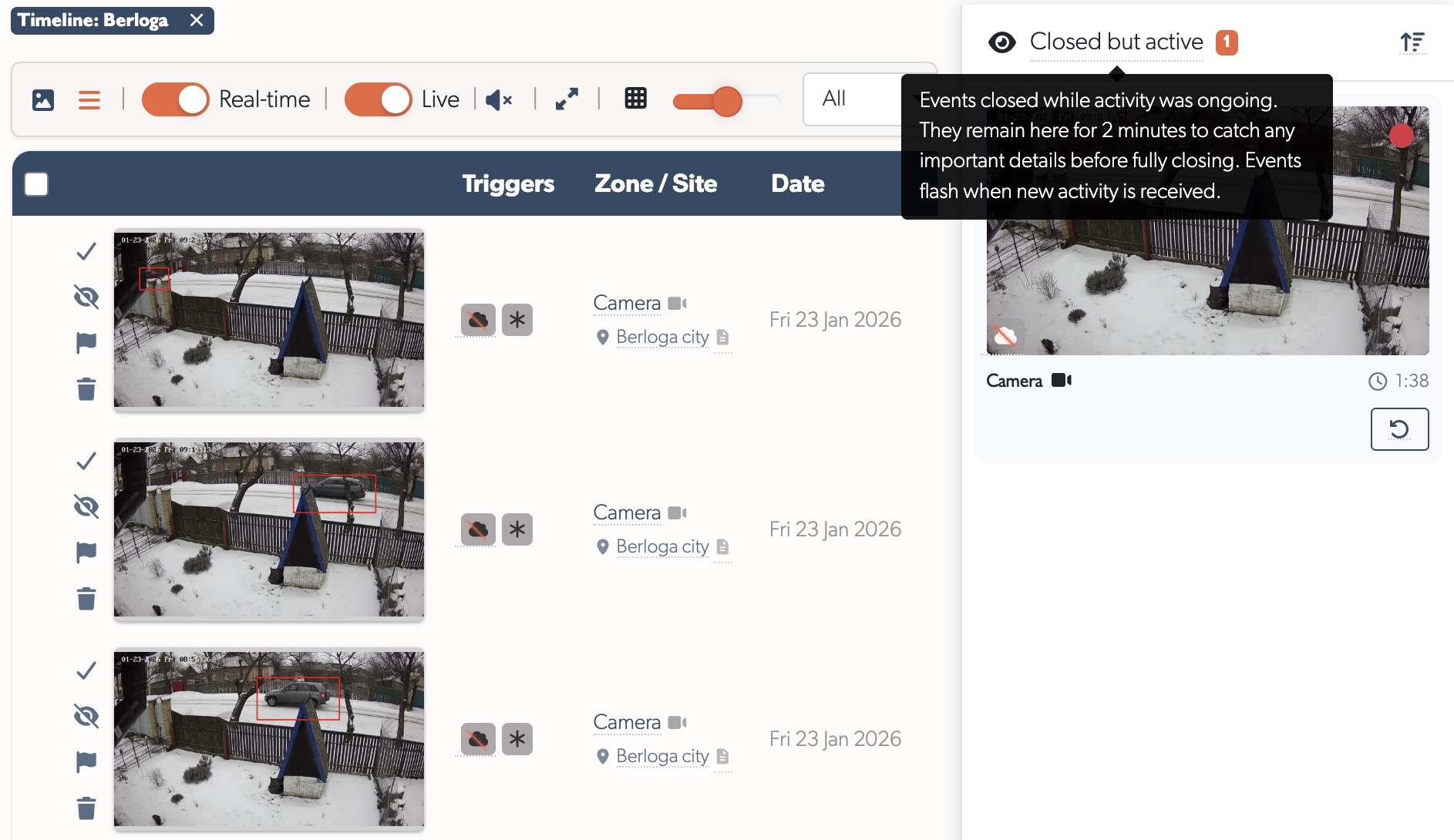Monitoring Strip showing closed event with countdown timer