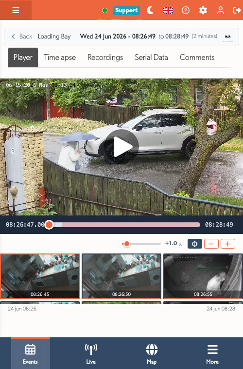 The redesigned event view filling the screen on a phone, with the player, scrub bar and thumbnail grid