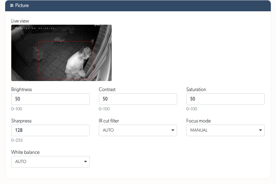 Picture controls on a camera's API tab, with a live still beside brightness, contrast, saturation, sharpness, IR cut filter, focus mode and white balance