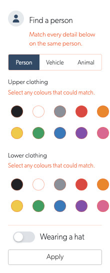 The person appearance search, with clothing-colour and hat filters