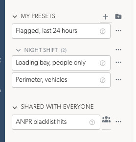 The saved searches of the events sidebar, with a heading holding 2 of them and one shared with the timeline