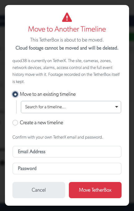The move dialog, naming the timeline the unit is moving to and what will be deleted